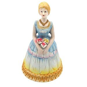 Vintage Porcelain Lady Figurine Bell Blue Dress Roses Slipper Clapper 1978